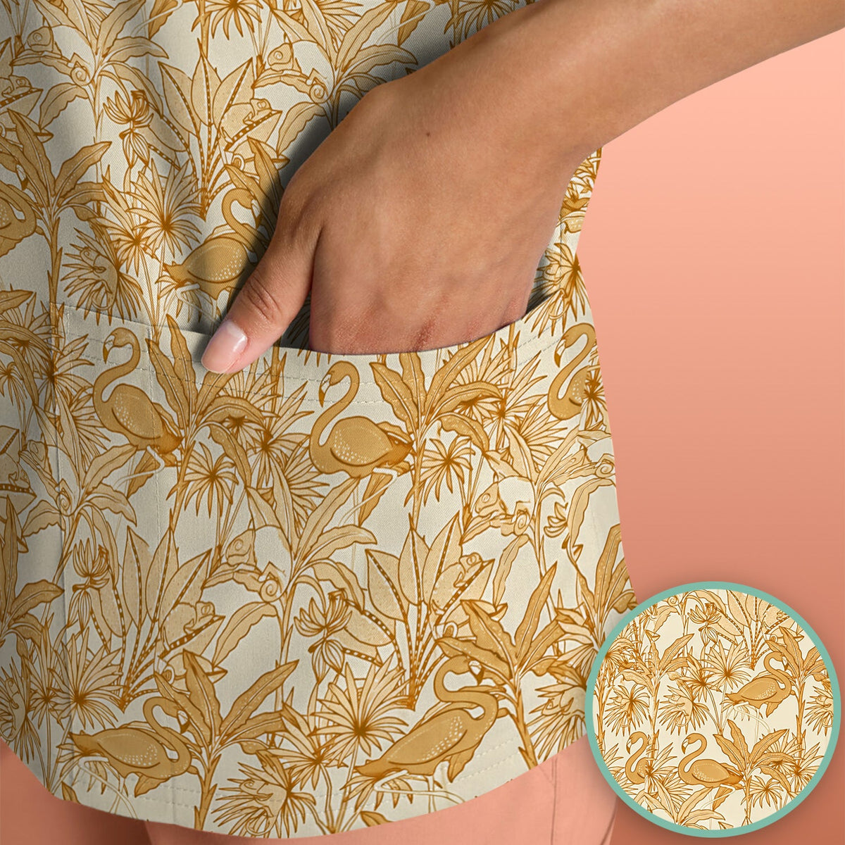 Tropical Flamingo Palm Leaves Nurse Scrub Top