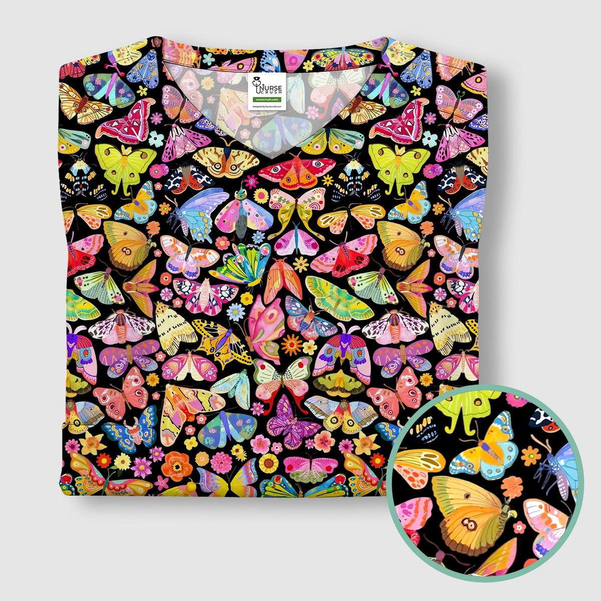 Cute Bright Butterfly Moth Floral Nurse Scrub Top