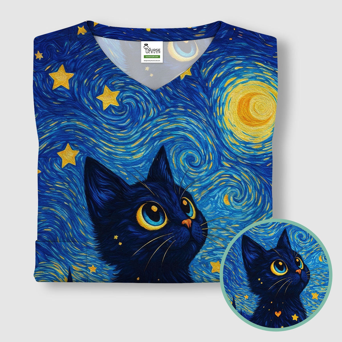 Black Cat Starry Night Nurse Scrub Top