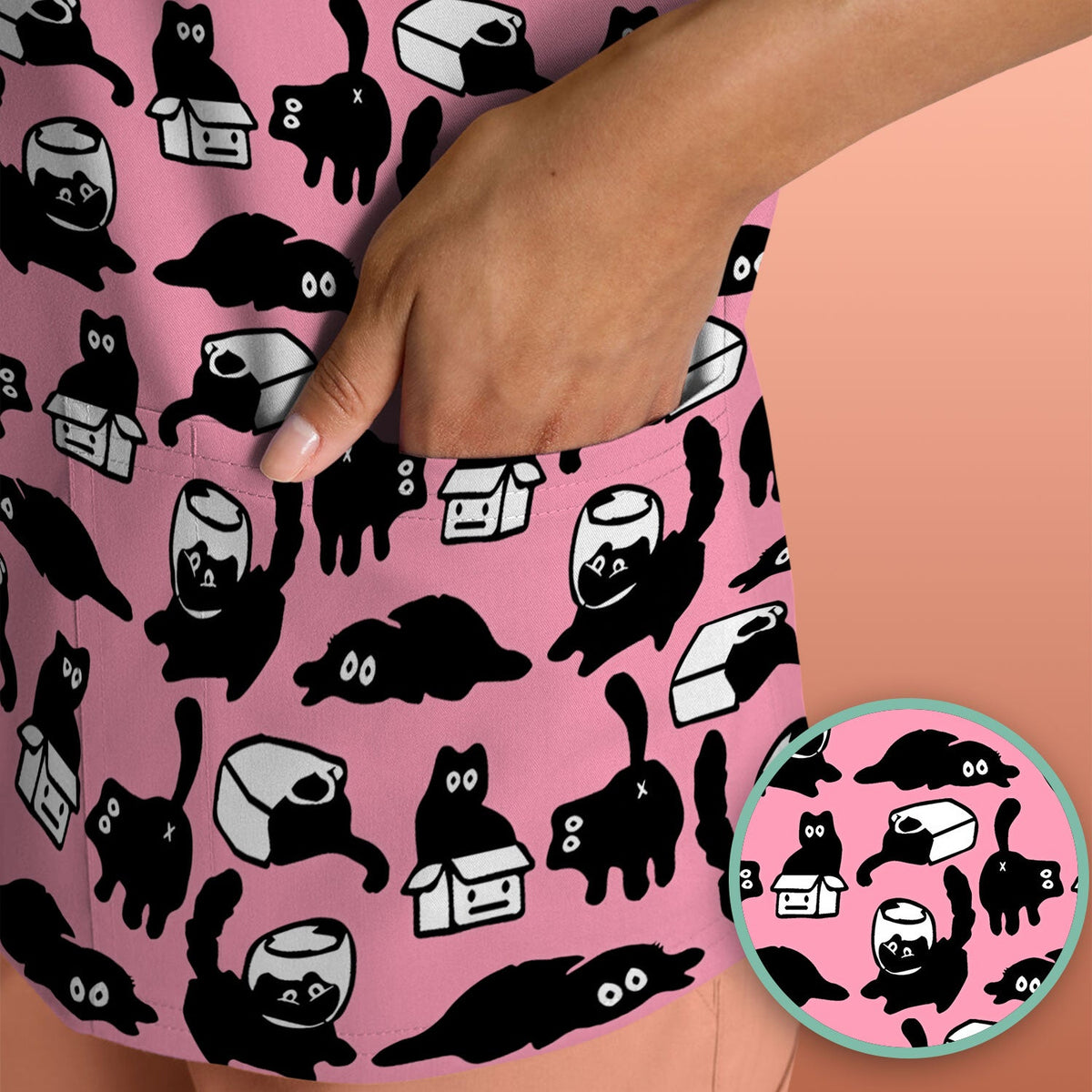 Dark Playful Cat Nurse Scrub Top