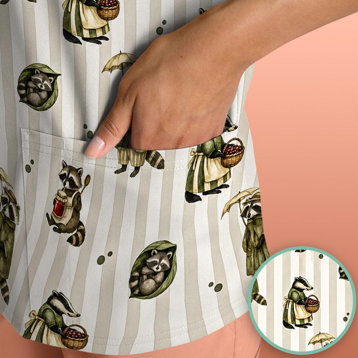 Woodland Raccoon Print Nurse Scrub Top
