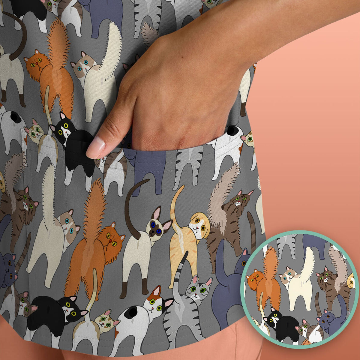 Whimsical Multicolor Cat Cartoon Nurse Scrub Top