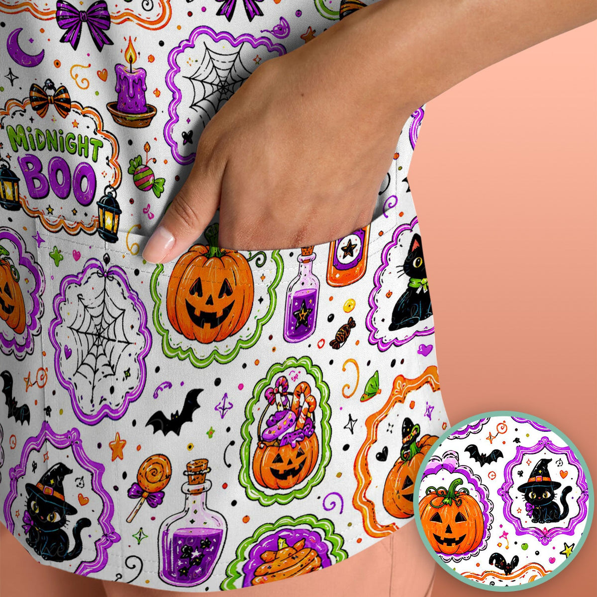 Halloween Black Cats Pumpkins Nurse Scrub Top