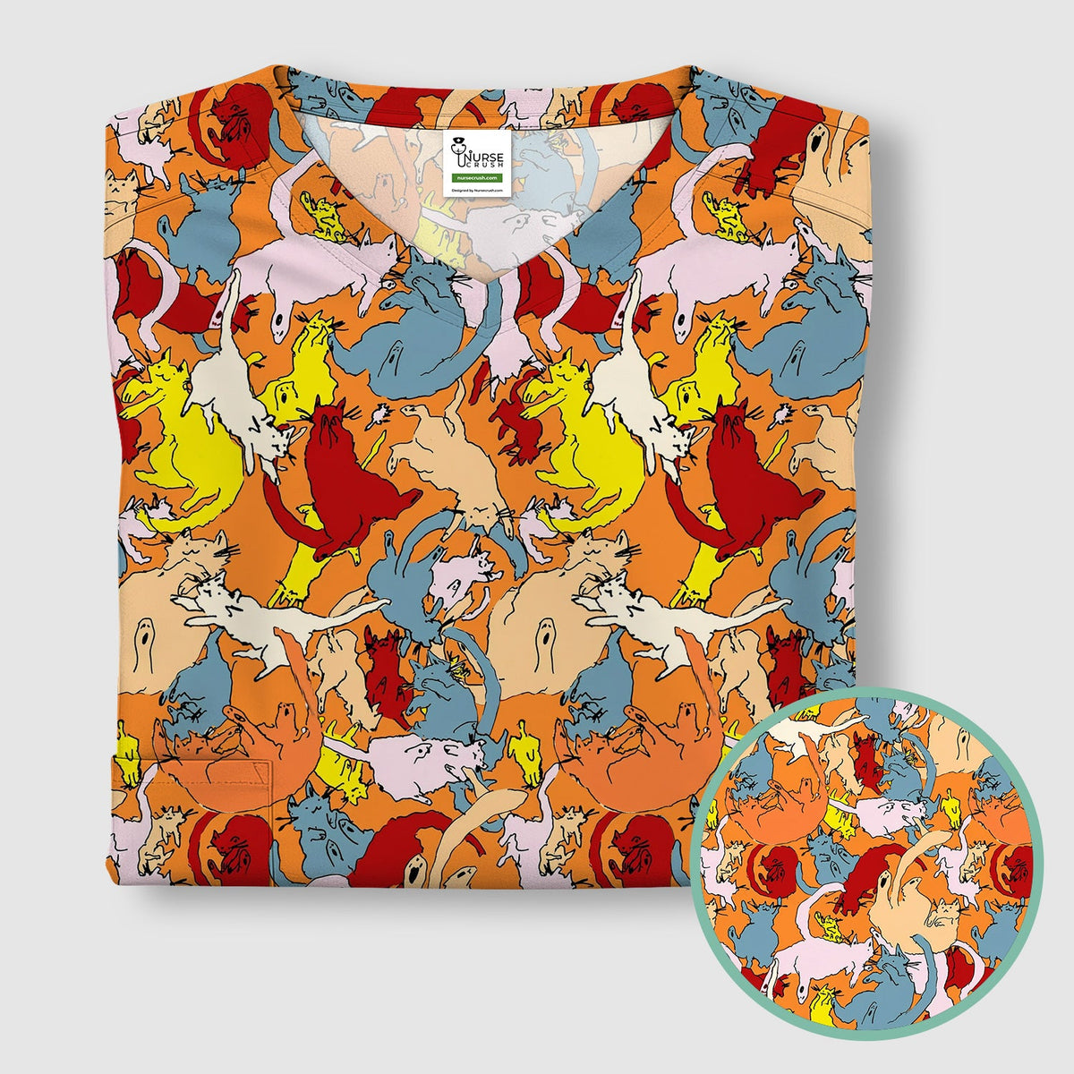 Colorful Cat Chaos Illustration Nurse Scrub Top