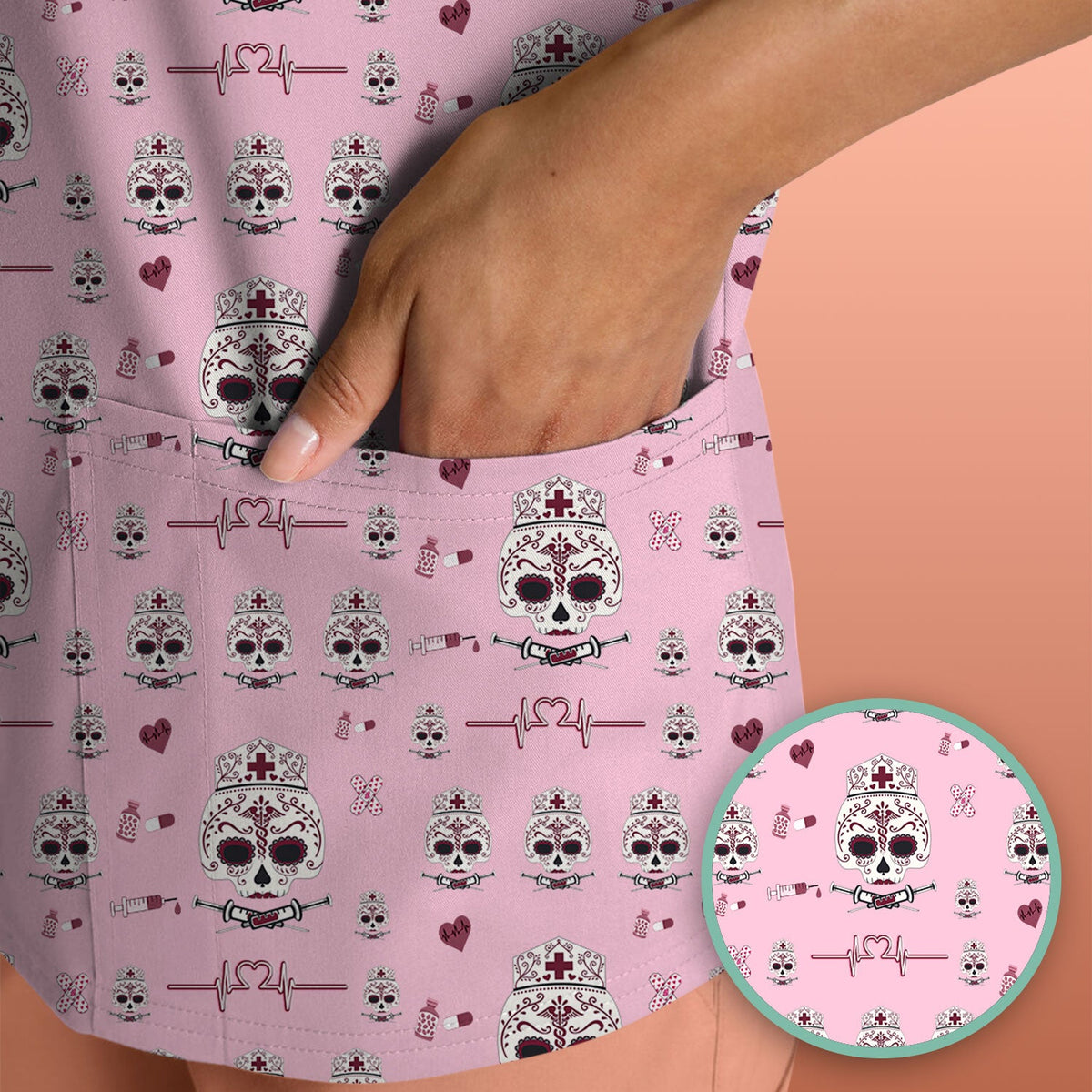 Sugar Skull Scrub Top, Skull Pattern Scrub Shirt, Breathable Fabrics Nursing Uniform