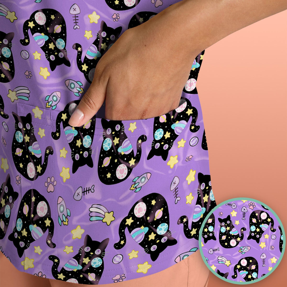 Galaxy Black Cat Space Nurse Scrub Top