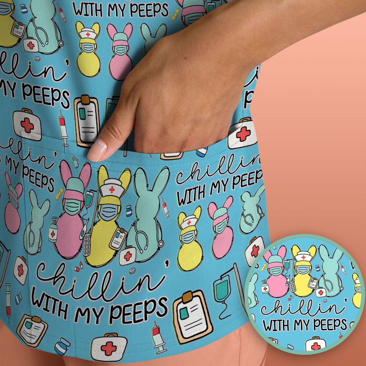 Bunny Nurse Chillin With My Peeps Scrub Top - Easter Gift