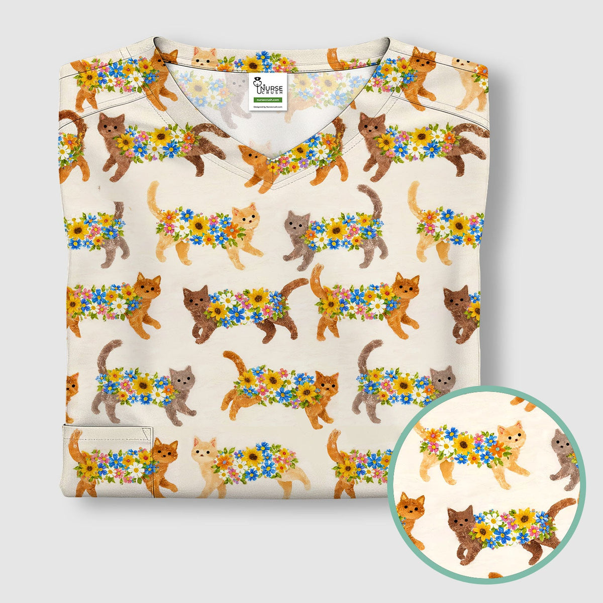 Flower Filled Cat Nurse Scrub Top