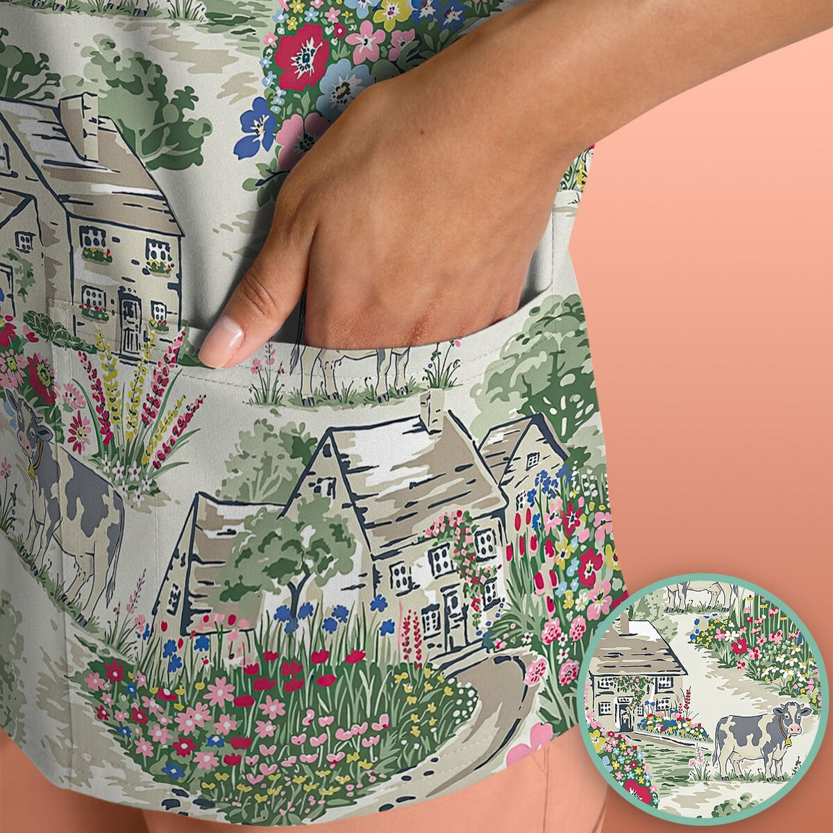 Countryside Cows Cottage Garden Nurse Scrub Top