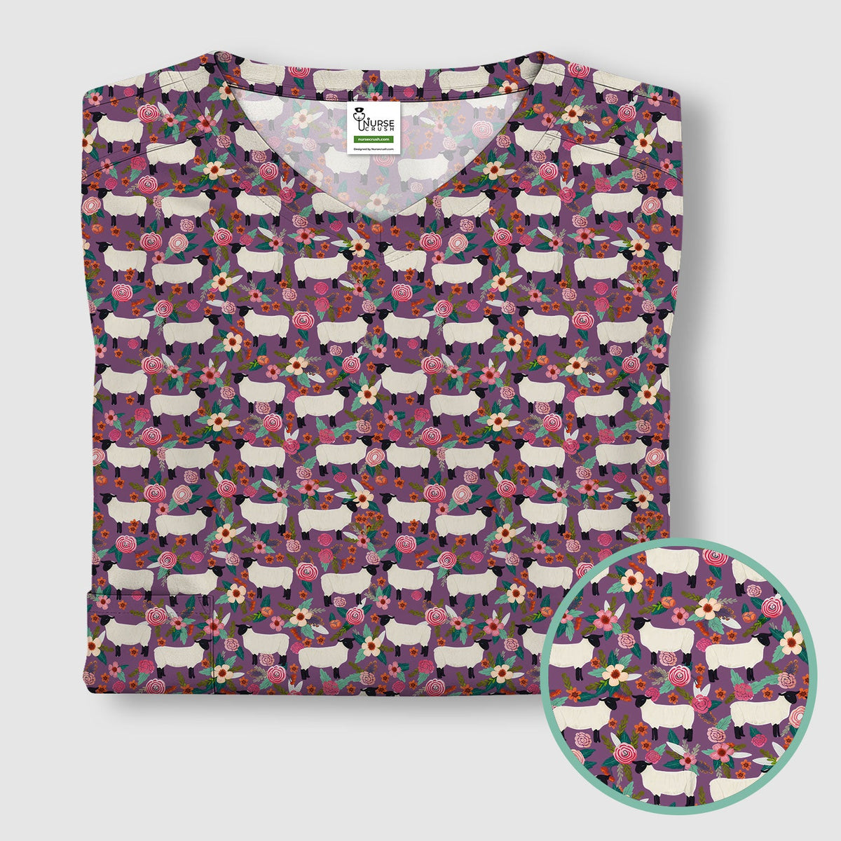 Sheep Floral Meadow Nurse Scrub Top