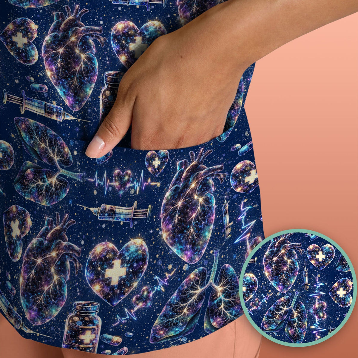Galaxy Anatomical Heart Lung Syringe Nurse Scrub Top