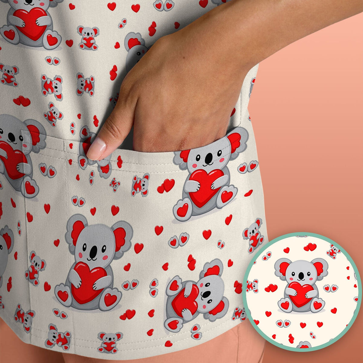 Valentine Cute Koala Heart Pattern Nurse Shirt, Comfortable Scrubs for Nurses