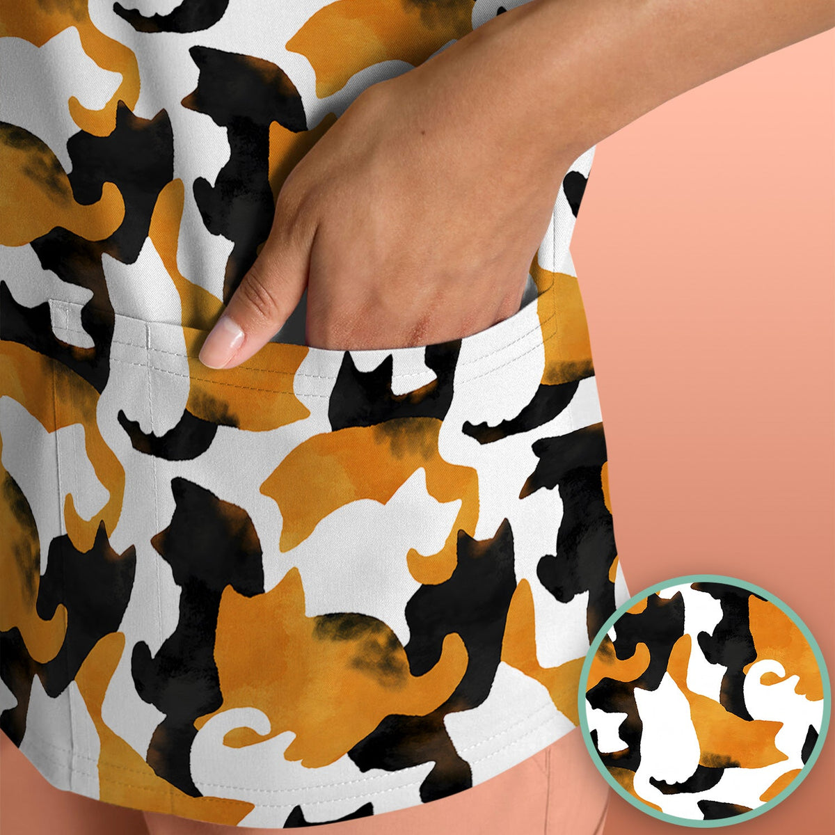 Calico Cat Silhouette Nurse Scrub Top