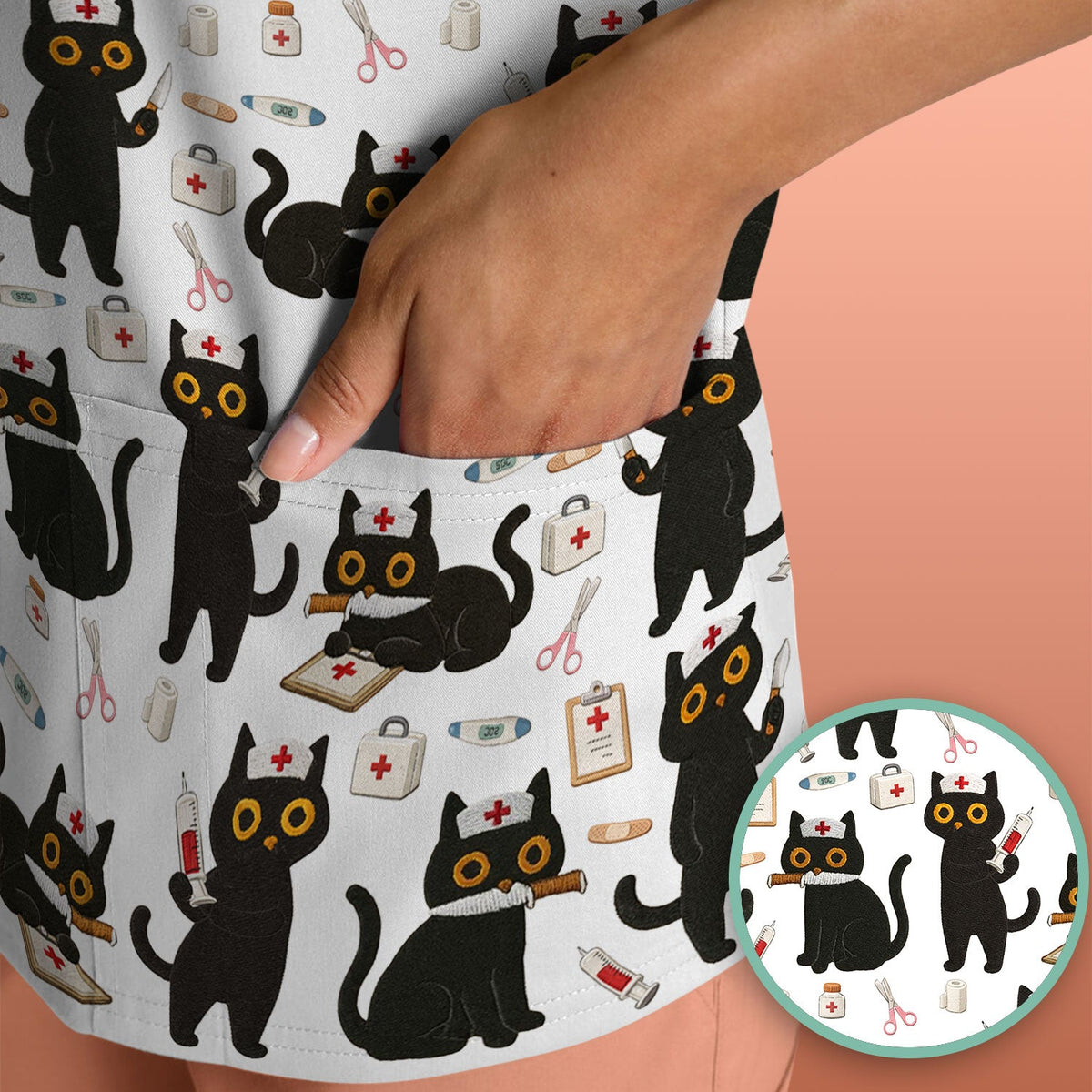 Cute Black Cat Nurse Scrub Top