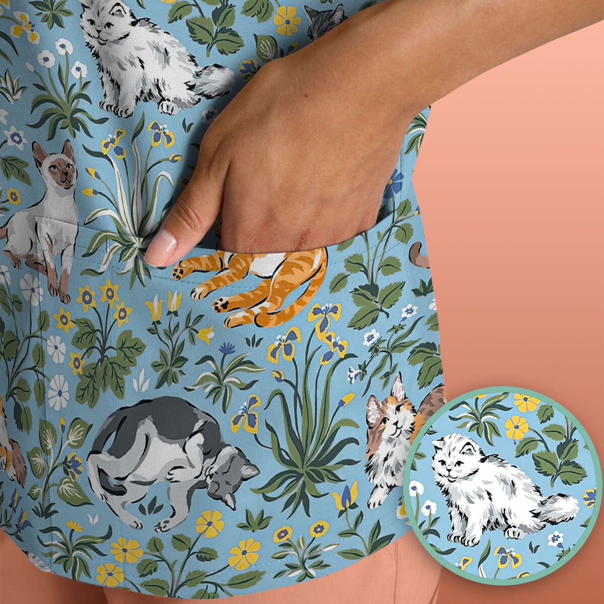 Floral Cat Garden Nurse Scrub Top