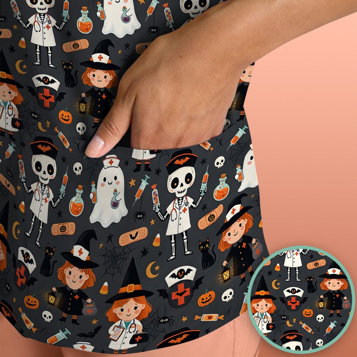 Witch Skeleton Nurse Scrub Top - Halloween Gift