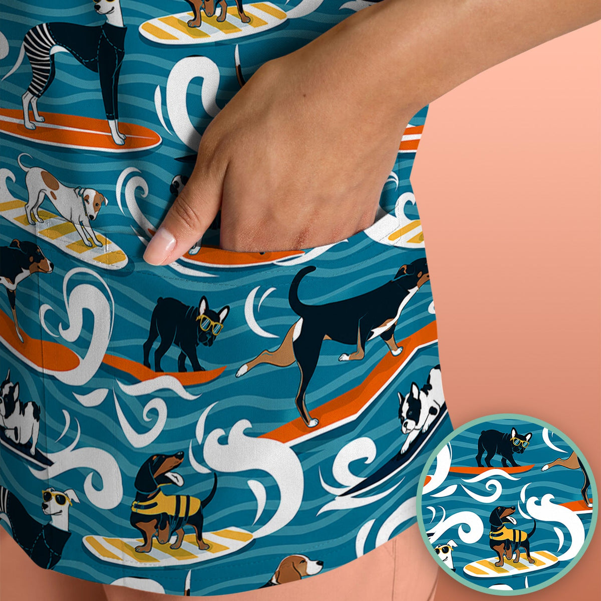 Surfing Dogs Ocean Wave Nurse Scrub Top