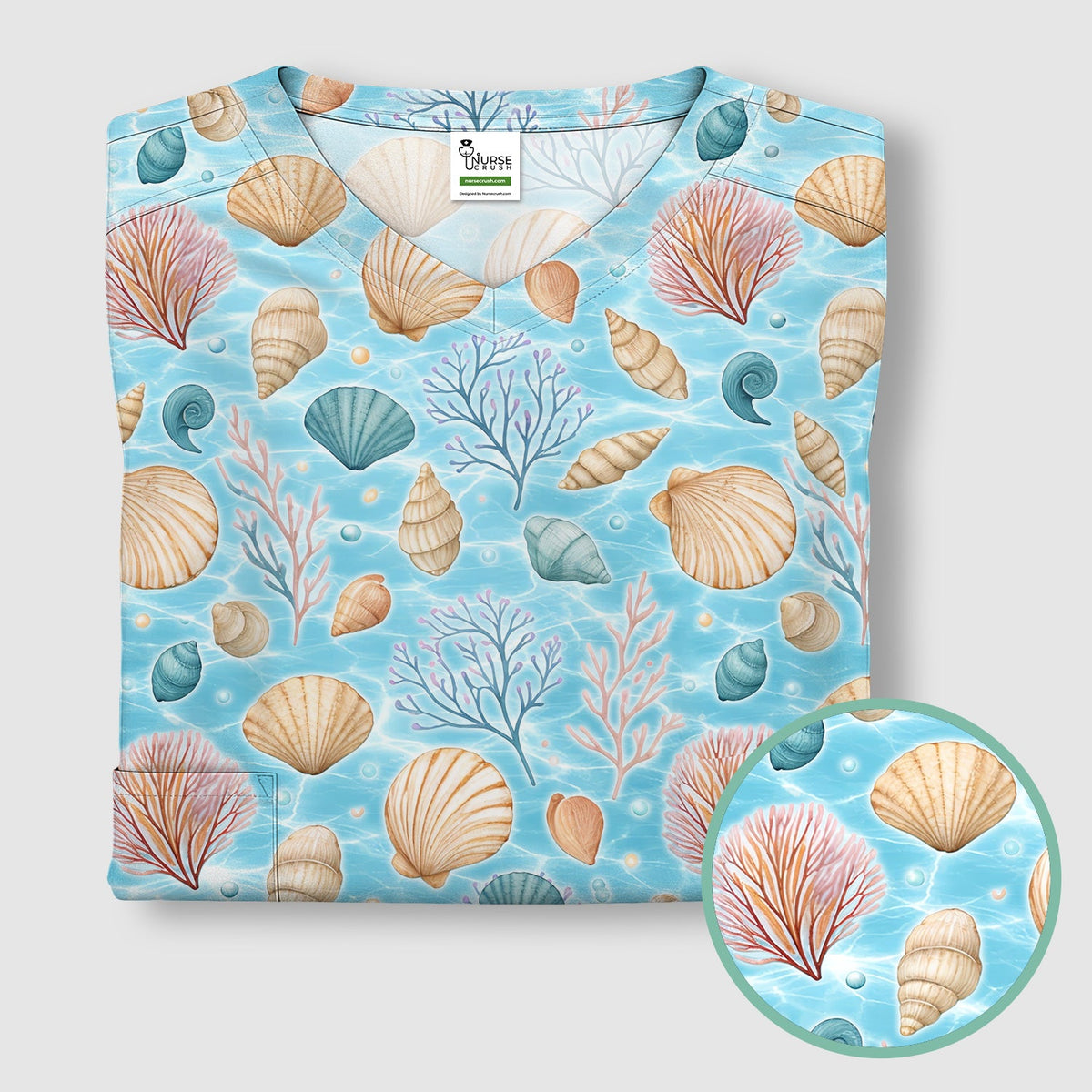 Coastal Seashell And Coral Reef Nurse Scrub Top