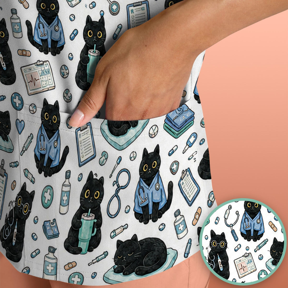 Black Cat Clinic Nurse Scrub Top
