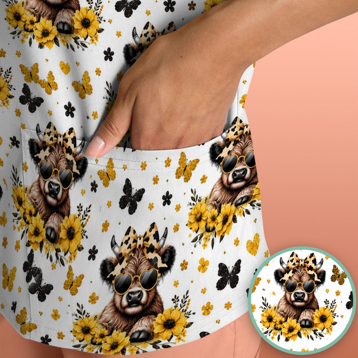 Cow Sunflower Bow Nurse Scrub Top
