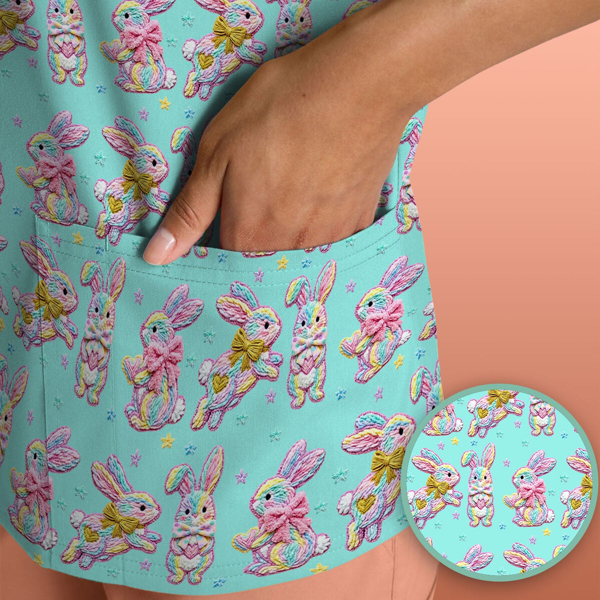 Cartoon Bunny Nurse Scrub Top - Easter Gift