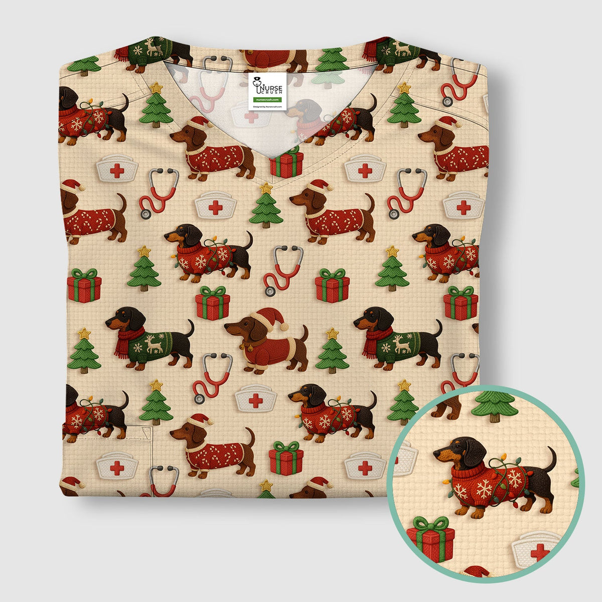 Christmas Nurse Scrubs for Women - Cute Dachshund Dog Print with Holiday Gifts & Trees - Custom Multi Color Nursing Shirt Gift