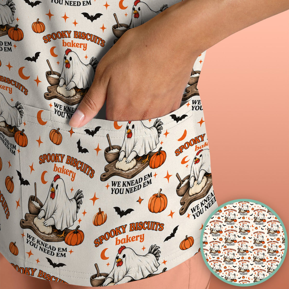 Spooky Biscuits Chicken Nurse Scrub Top - Halloween Gift