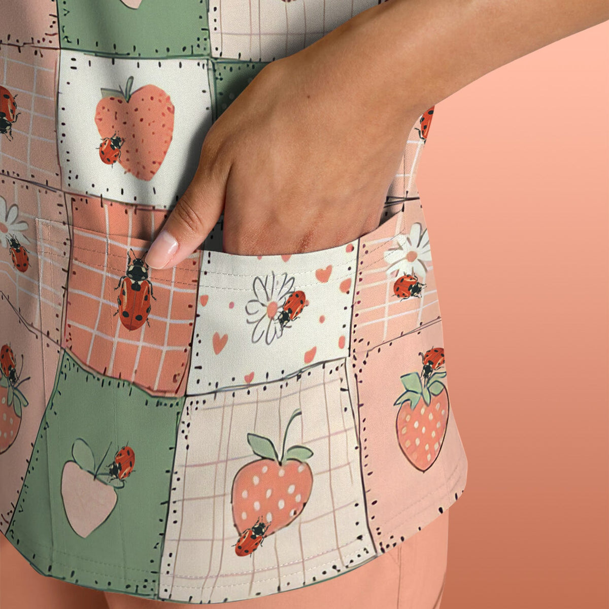 Strawberry Ladybug Patchwork Nurse Scrub Top
