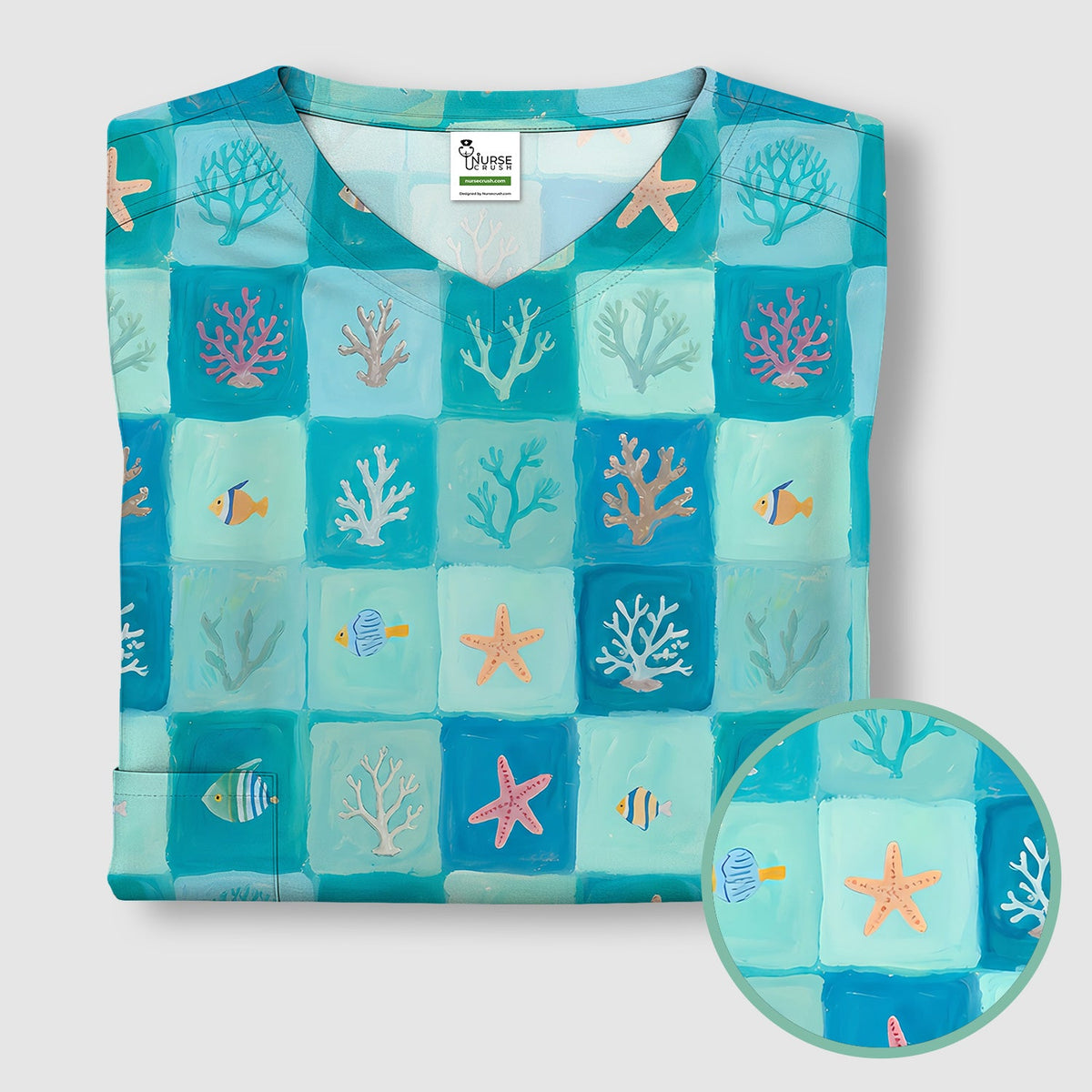 Ocean Coral Fish Checkered Nurse Scrub Top