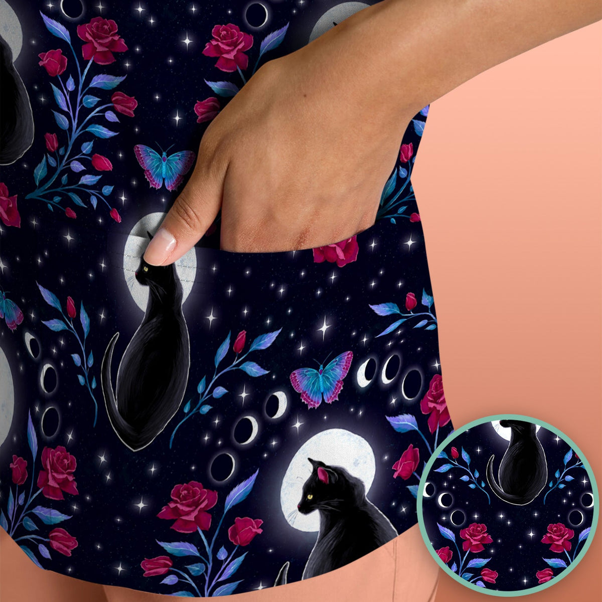 Black Cat Moon Rose Nurse Scrub Top