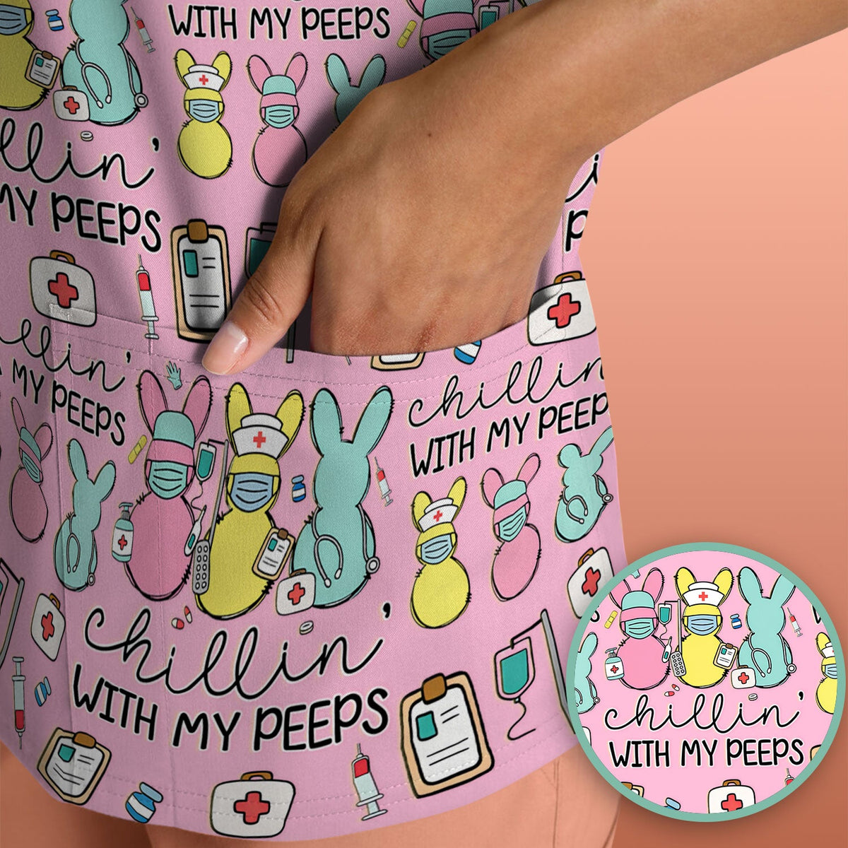 Bunny Nurse Chillin With My Peeps Scrub Top - Easter Gift