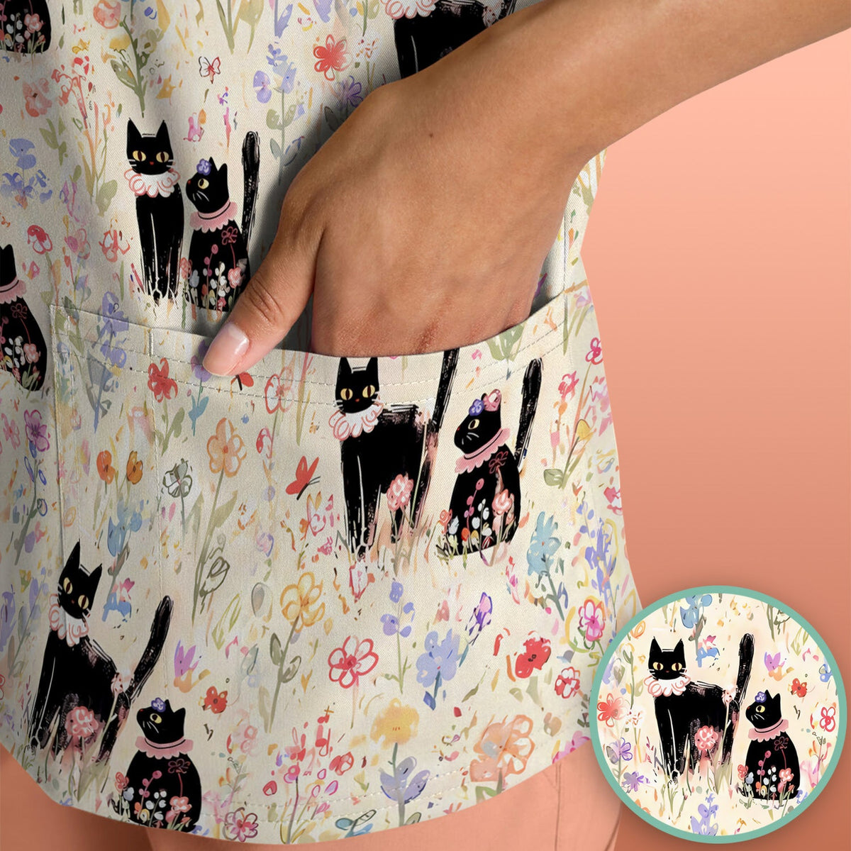 Cute Black Cats Wildflower Garden Nurse Scrub Top