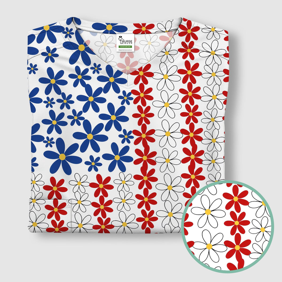 Retro Red Blue Daisy Nurse Scrub Top