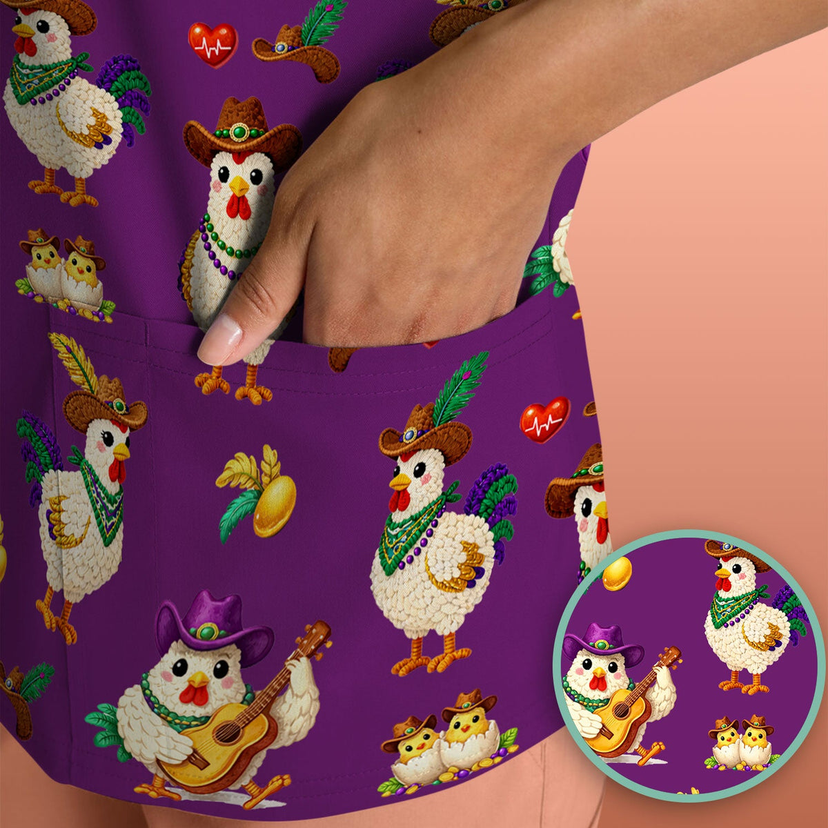 Mardi Gras Rooster Cowboy Nurse Scrub Top
