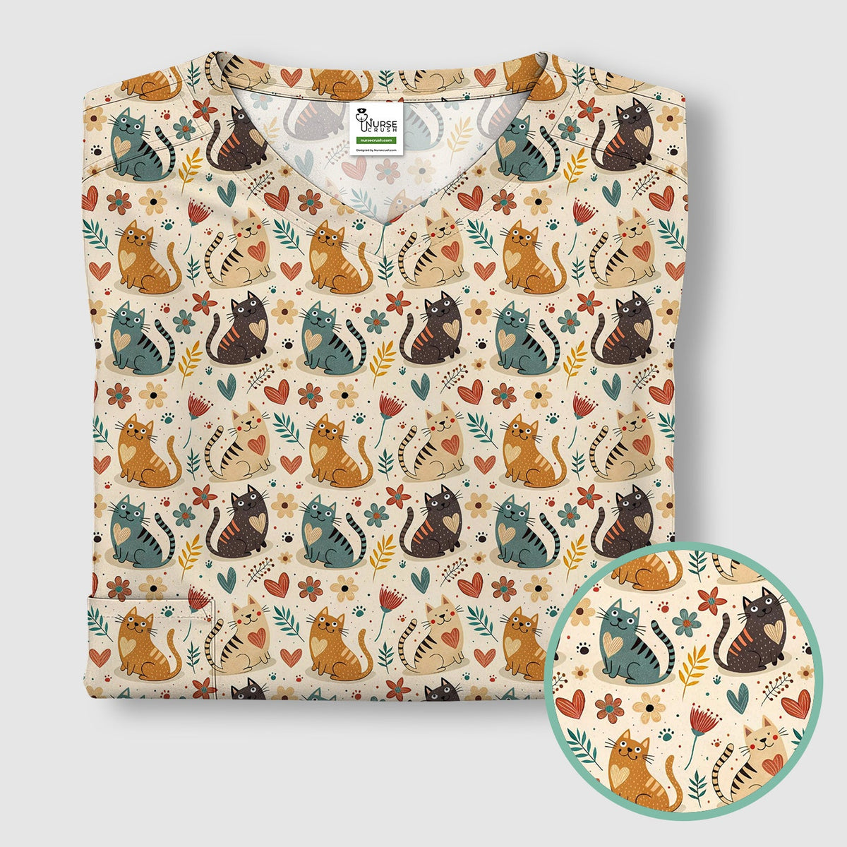 Cat Floral Nurse Scrub Top