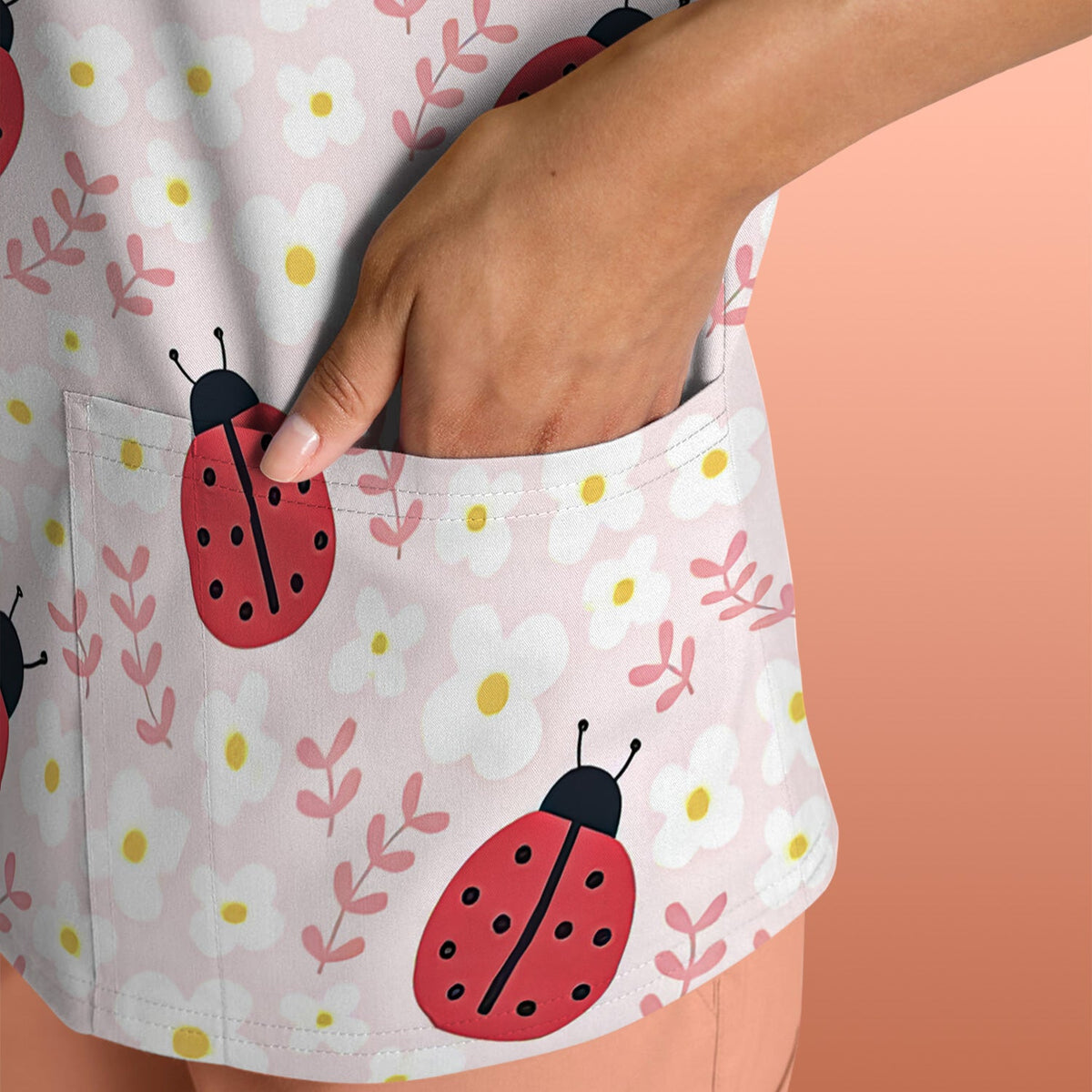 Lovely Ladybug Blossom Garden Nurse Scrub Top