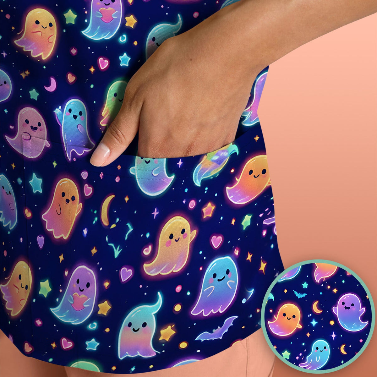 Neon Halloween Ghosts Nurse Scrub Top