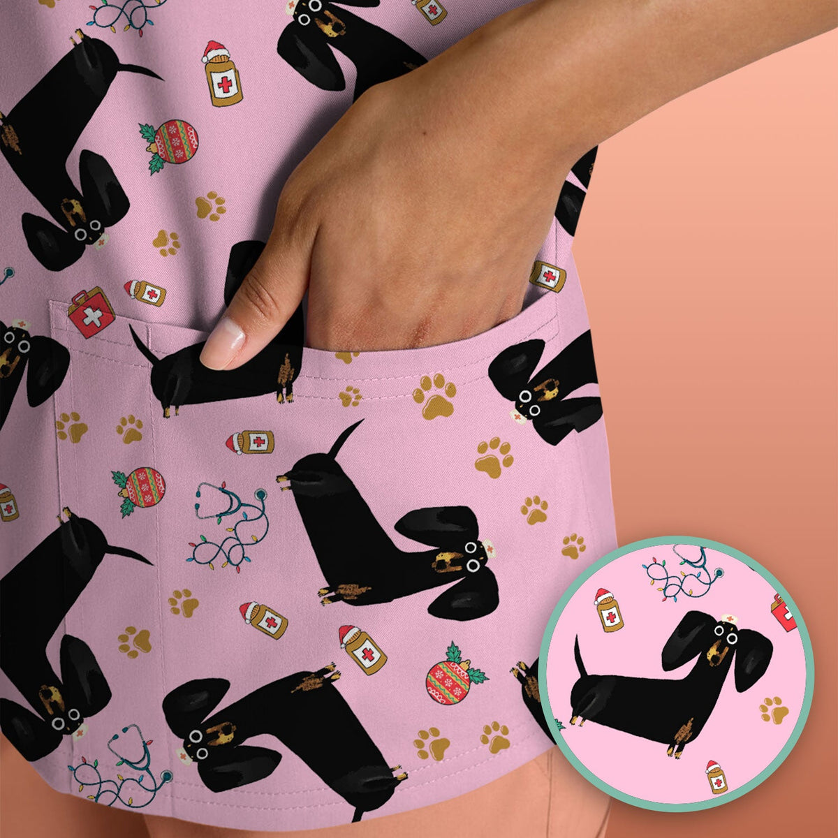 Black Dachshund Nurse Scrub Top - Gift For Dog Lover