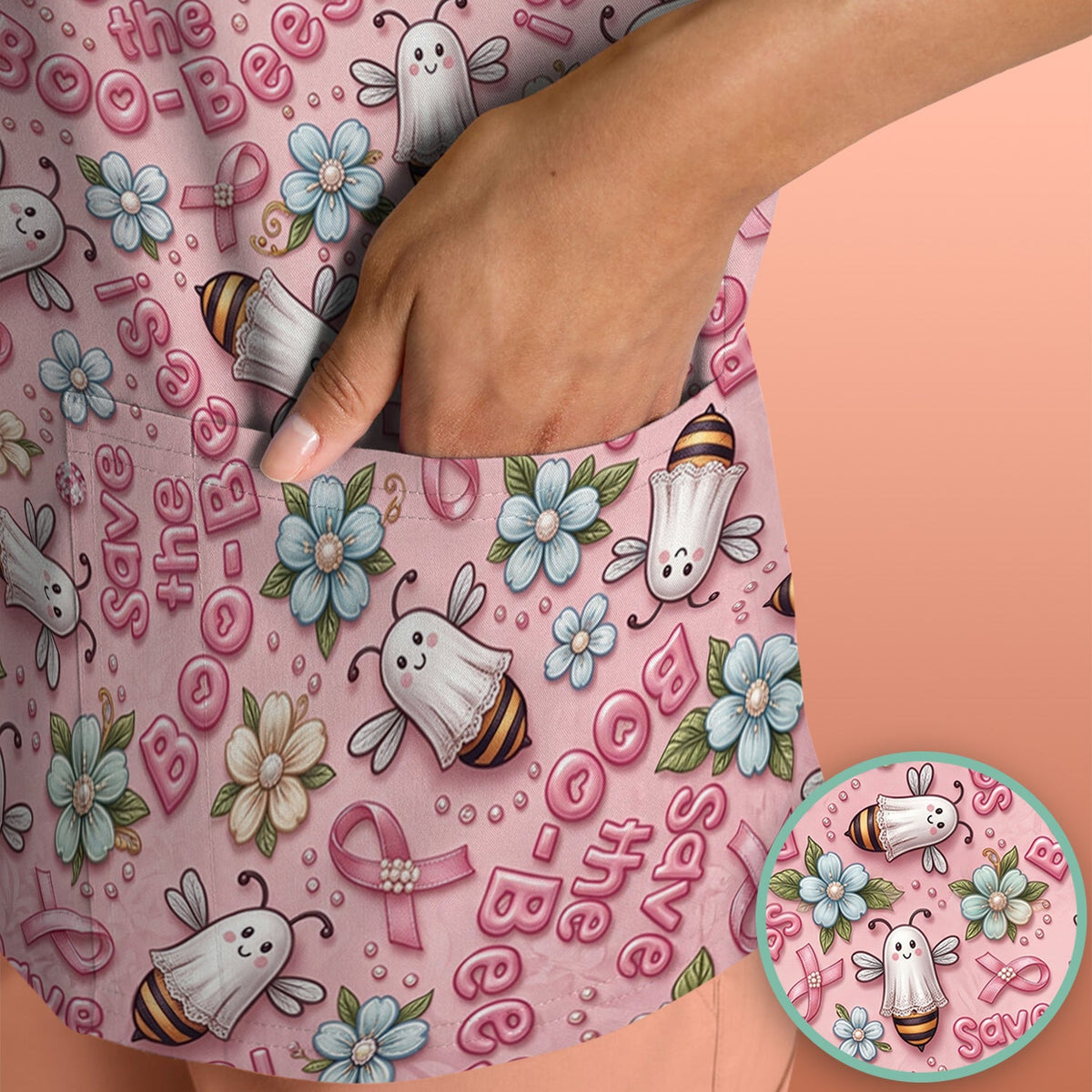 Save The Boo-Bees Ribbon Nurse Scrub Top