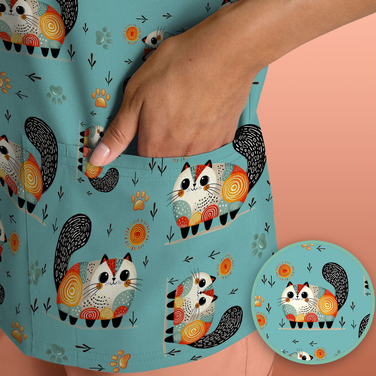 Cat Illustration Nurse Scrub Top