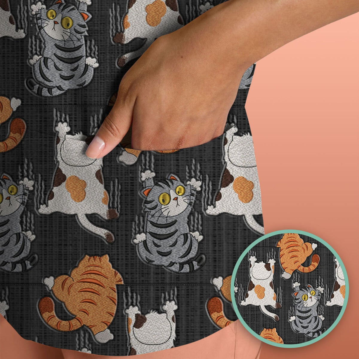 Cute Cat Pattern Nurse Scrub Top, Cats Medical Pattern Shirt, Breathable Fabrics Nursing Uniform