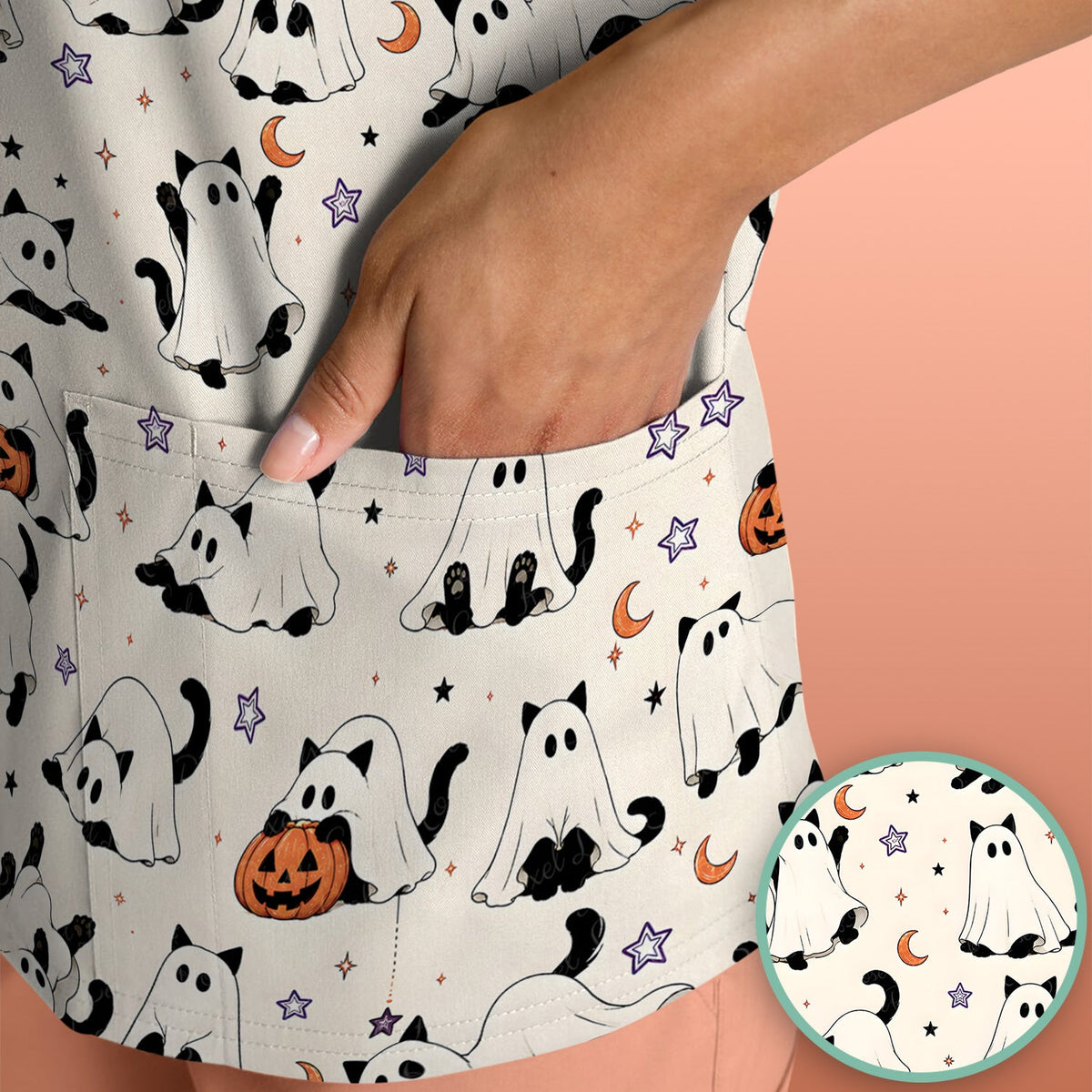 Ghost Cats Pumpkins Nurse Scrub Top - Halloween Gift