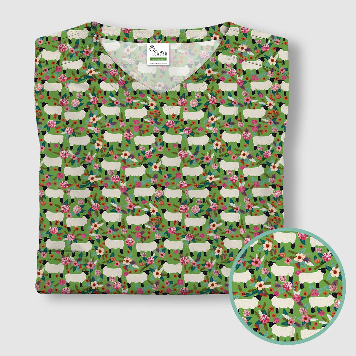 Sheep Floral Meadow Nurse Scrub Top