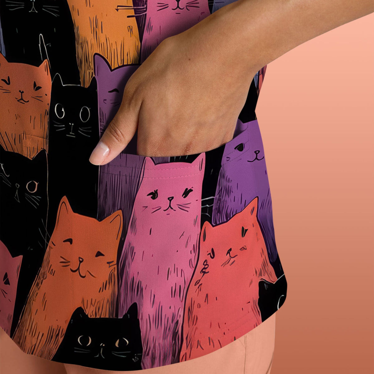 Colorful Cat Art Nurse Scrub Top