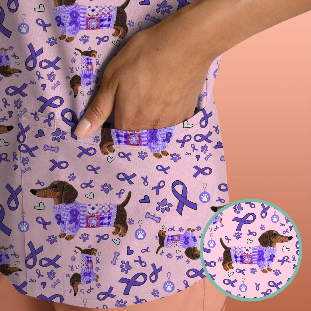 Purple Ribbon Dachshund Nurse Scrub Top