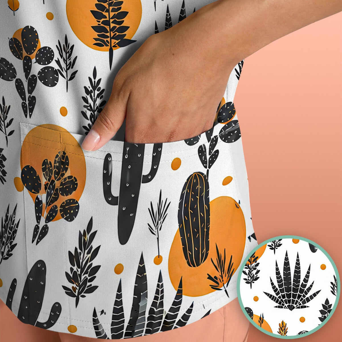 Desert Cactus Orange Sun Nurse Scrub Top