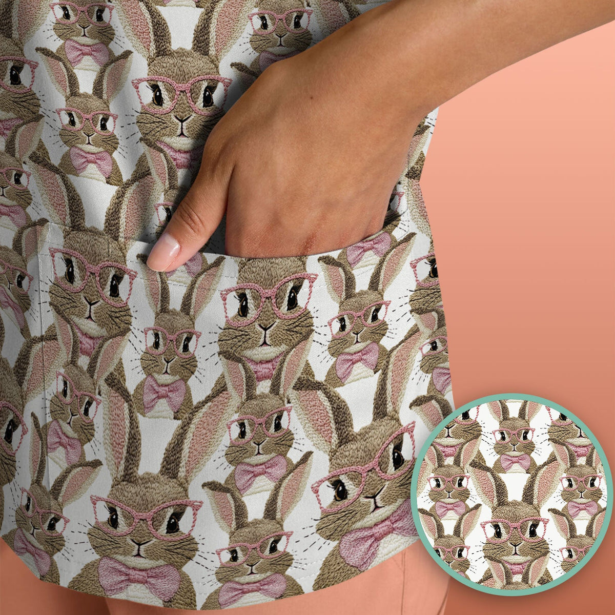 Bunny With Glasses Nurse Scrub Top - Easter Gift