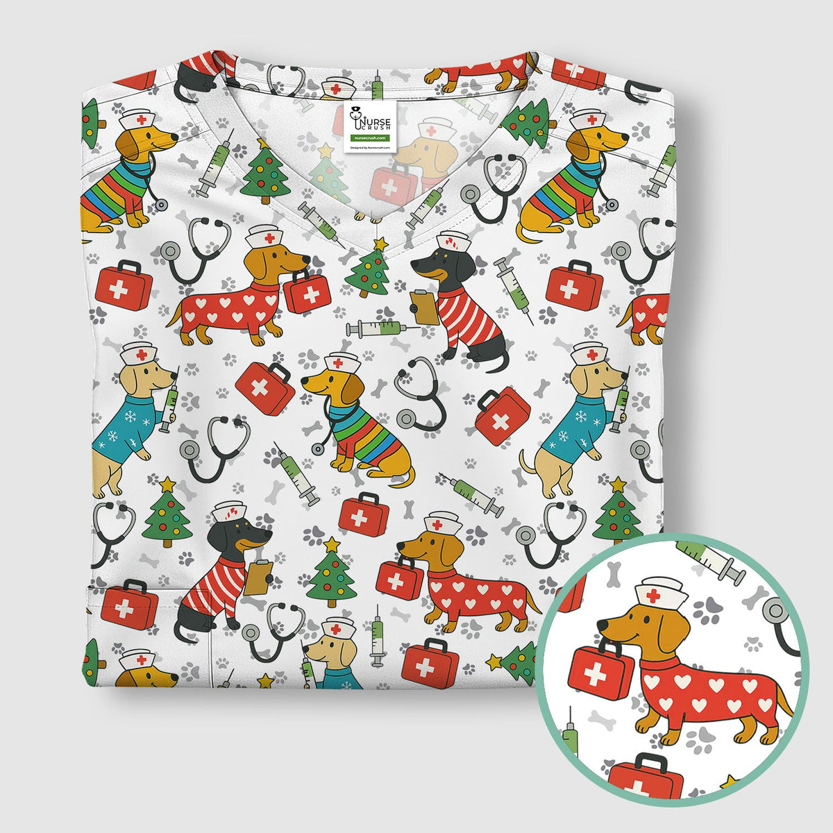 Christmas Dachshund Nurse Scrub Top