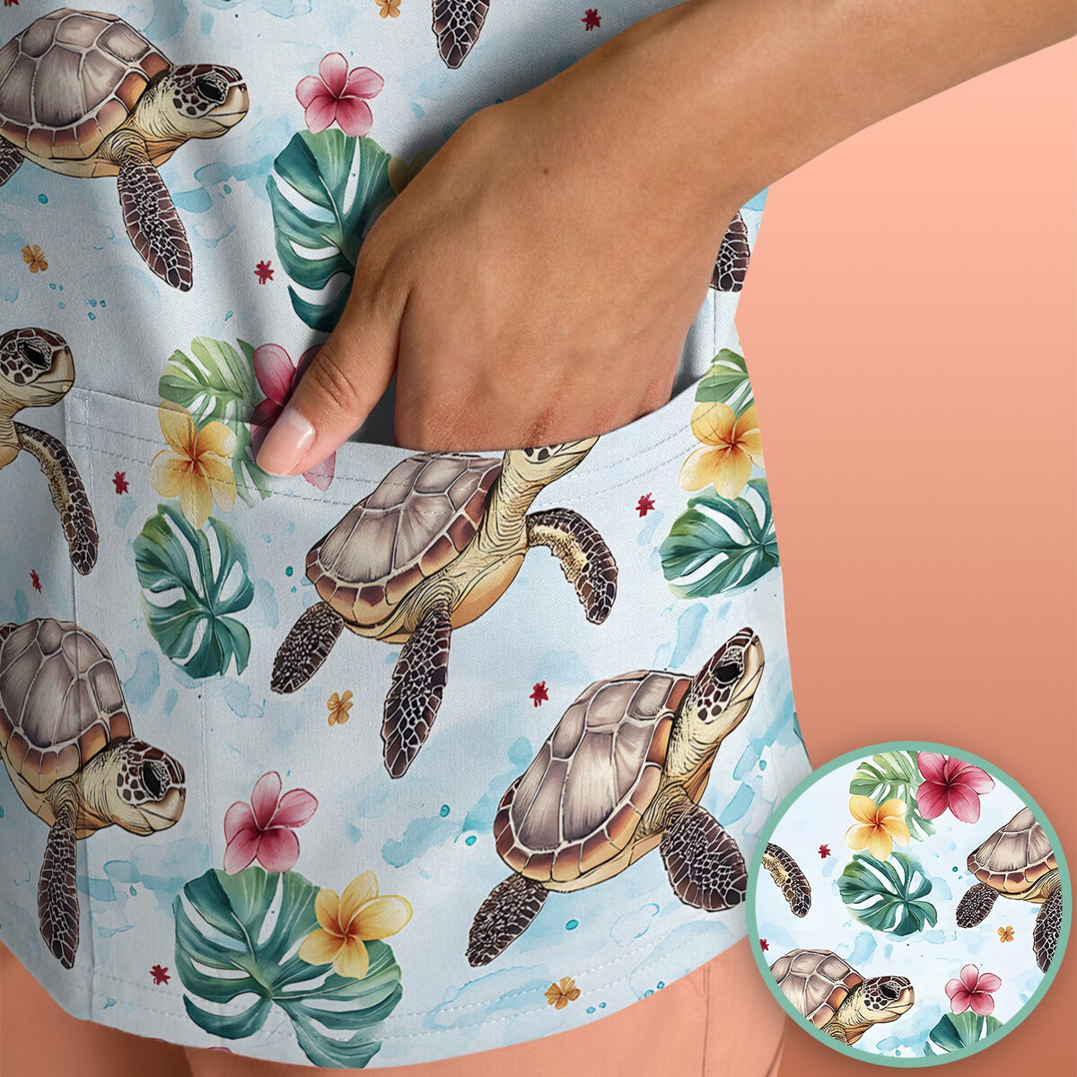 Sea Turtle Tropical Floral Nurse Scrub Top
