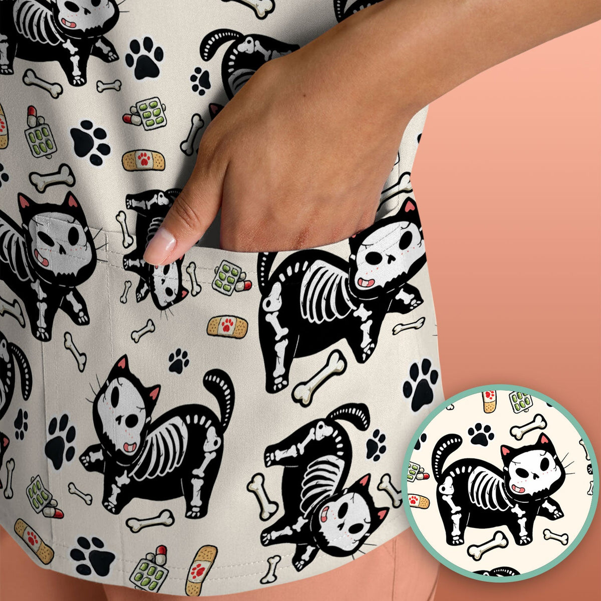 Skeleton Cat Medical Pattern Scrub Top, Comfortable Scrubs for Nurses